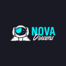 Logo kasína Nova Dreams: astronautská prilba a modrý nápis na čiernom pozadí