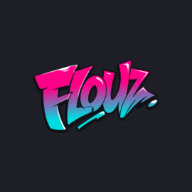 Logo kasína Flouz: ružovo-tyrkysový graffiti nápis na tmavosivom pozadí